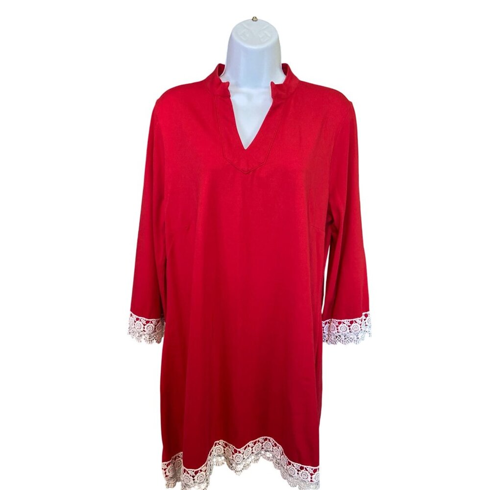 Distinct Red Tunic Top Large Lace Trim 3/4 Sleeve Split Neck Blouse Boho Chic